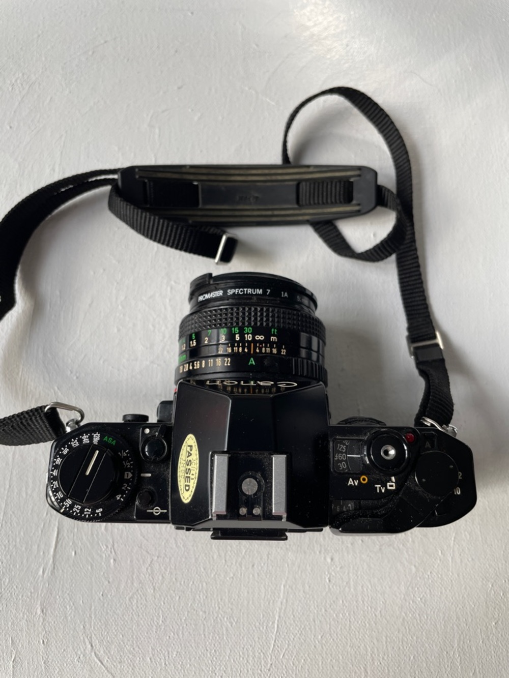Canon Black Film SLR Camera with Lens and Neck Strap